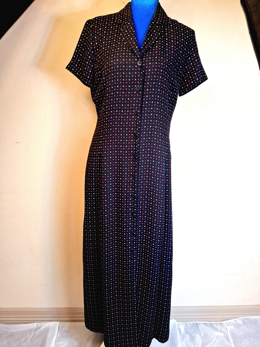 Vintage Josephine Chaus Black Maxi Dress with Red Dot Print